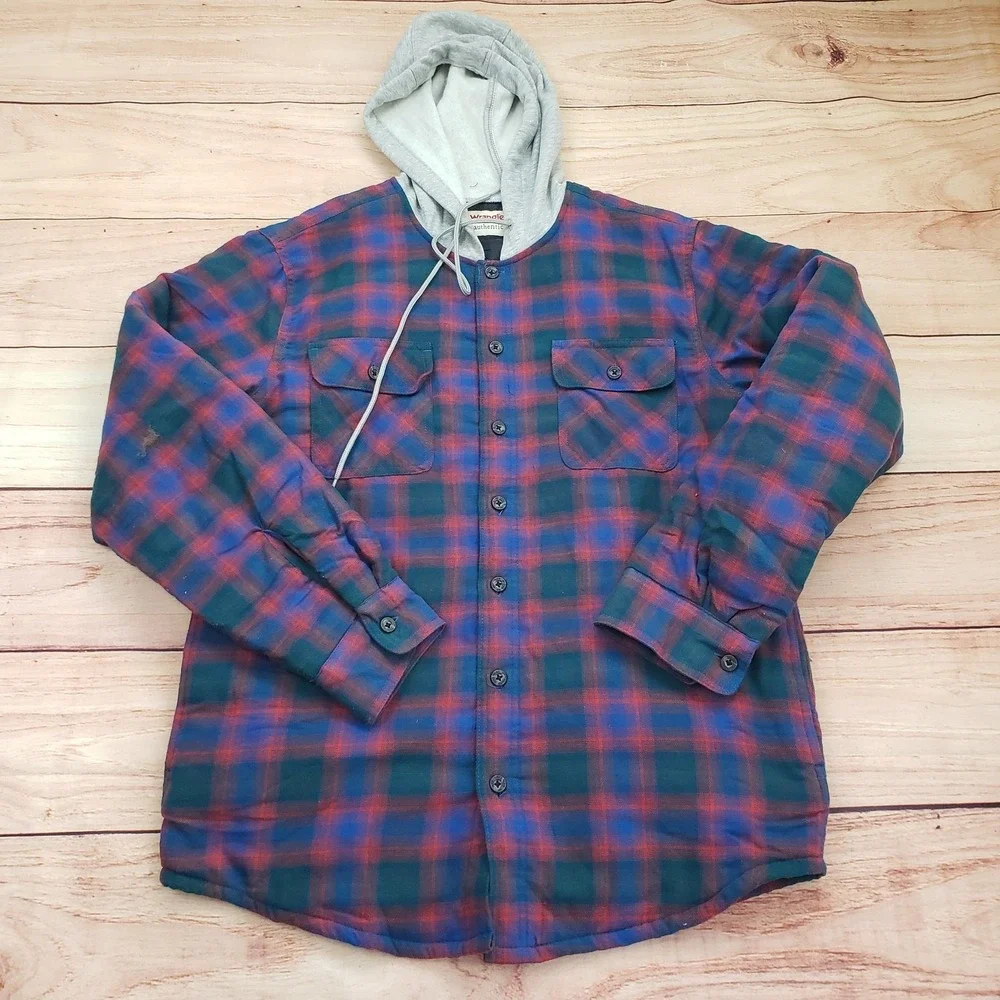 Wrangler Jacket Mens Medium Blue Red Plaid Hooded‎ Flannel Lined Warm Outdoor